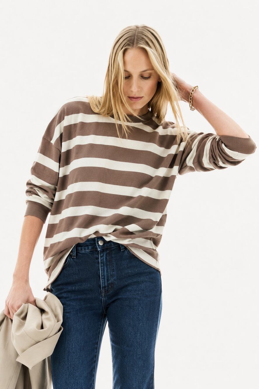 AYR The Early Mornings Tee Taupe Cream Stripe Sz Small EUC